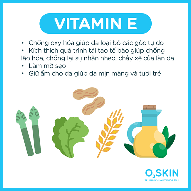 Vitamin E có tác dụng chống oxy hóa giúp da loại bỏ các gốc tự do.